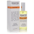 Demeter Sweet Orange 4 oz cologne spray. Clear glass bottle with bright yellow liquid, elegant white box with orange accents.