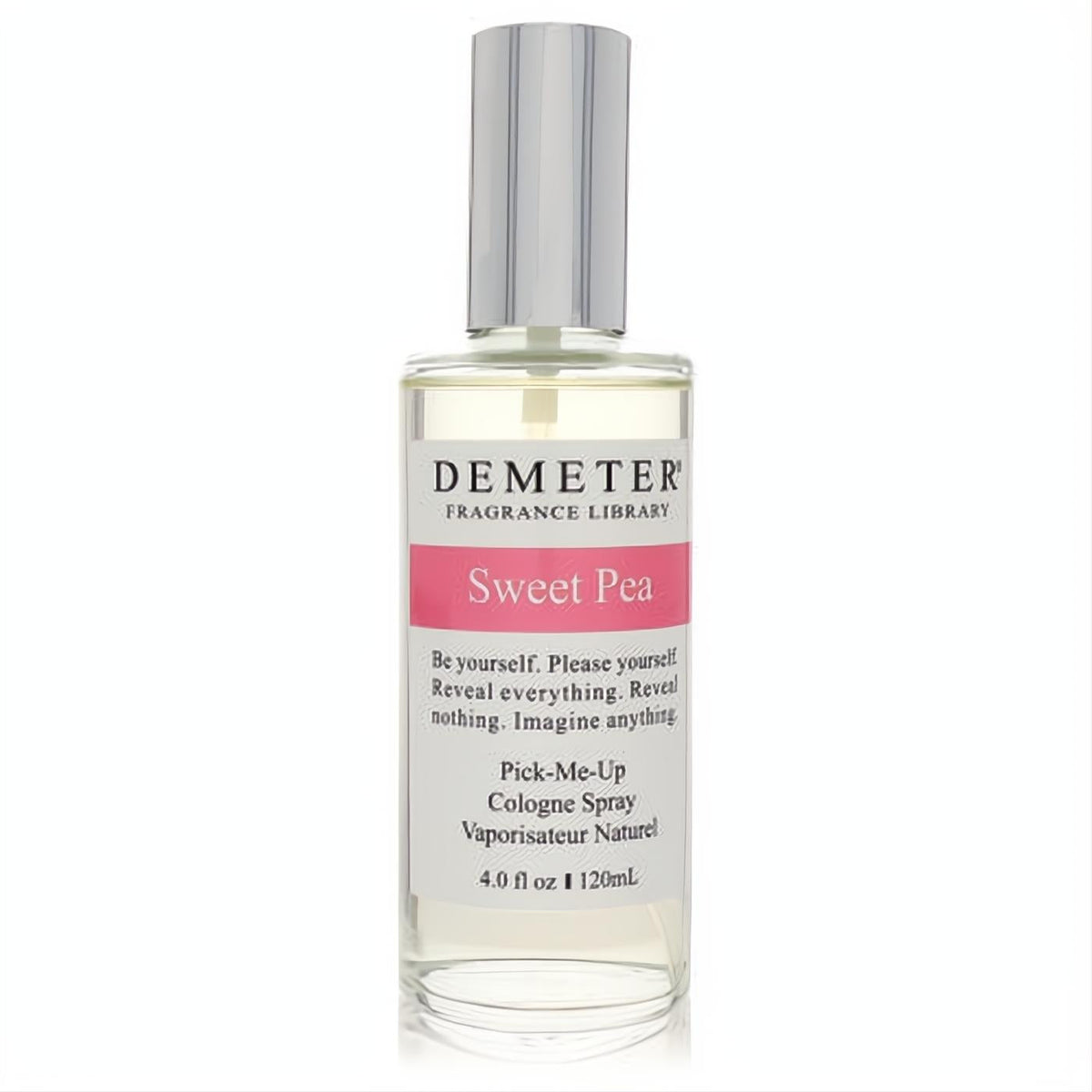 Demeter Sweet Pea 4 oz women's cologne spray. Clear glass bottle, sleek silver cap, and a vibrant pink label.