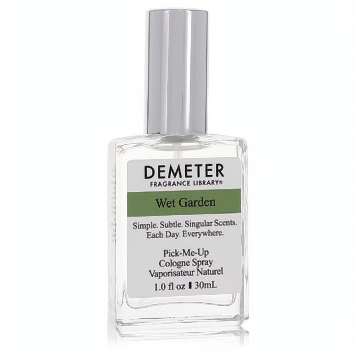Demeter Wet Garden 1 oz women's cologne spray. Clear glass bottle, sleek silver cap, and fresh green label.