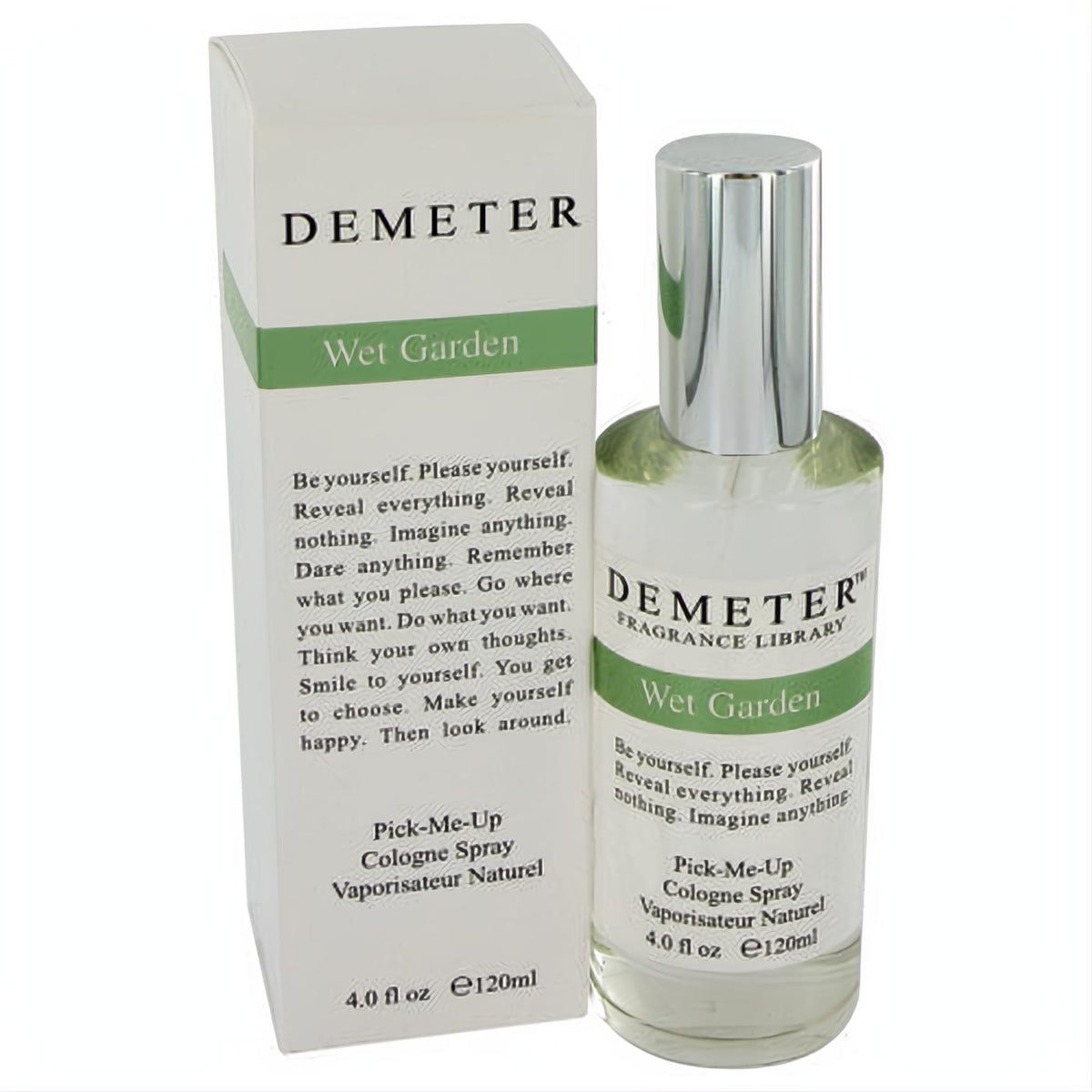 Demeter Wet Garden 4 oz cologne spray in a clear bottle with sleek silver cap, beside its crisp white and green box.