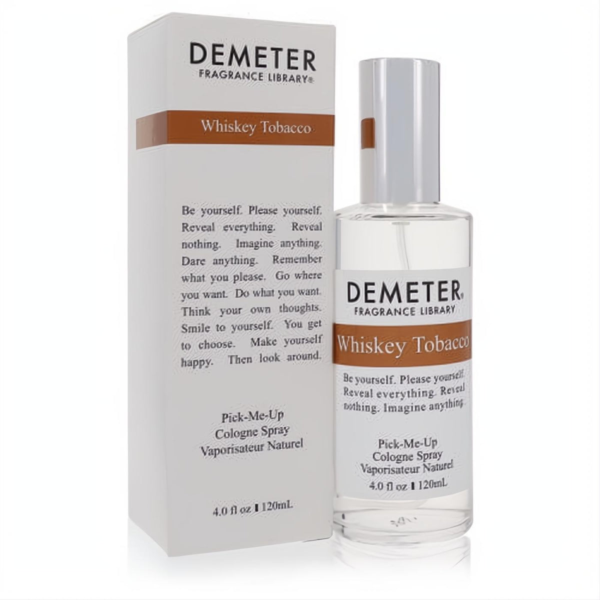 Demeter Whiskey Tobacco 4 oz cologne spray with clear bottle, white cap, and matching white box.