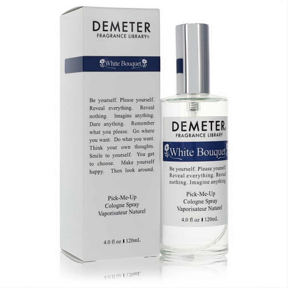 Elegant Demeter White Bouquet 4 oz cologne spray in a clear glass bottle with a sleek silver cap and a pristine white box.