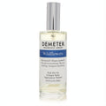 Demeter Wildflowers 4 oz cologne spray. Clear glass bottle, sleek silver cap, and vibrant blue label for a fresh, summery fragrance.
