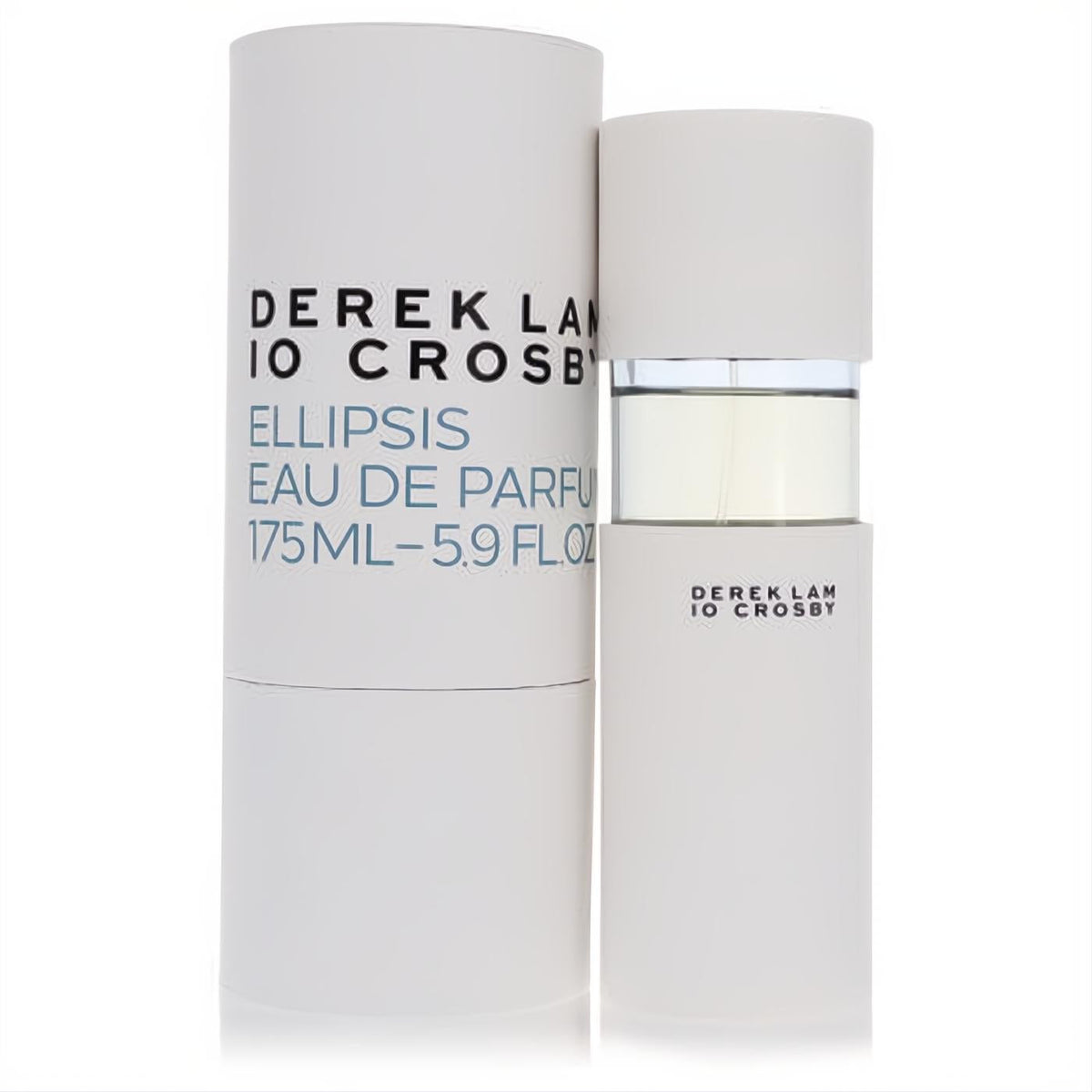 Sophisticated Derek Lam 10 Crosby Ellipsis Eau De Parfum, 5.9 oz. White cylindrical bottle with clear glass beside its sleek matching box.