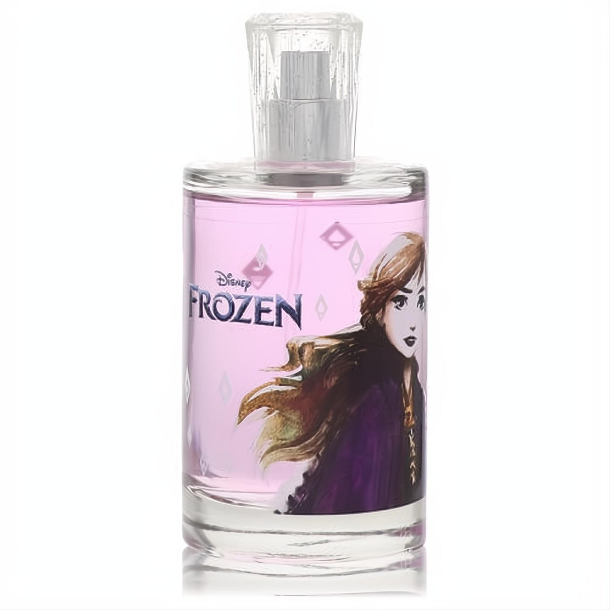 Charming Disney Frozen II Anna women's perfume spray. Pink fragrance in a clear glass bottle with a beautiful Anna illustration.