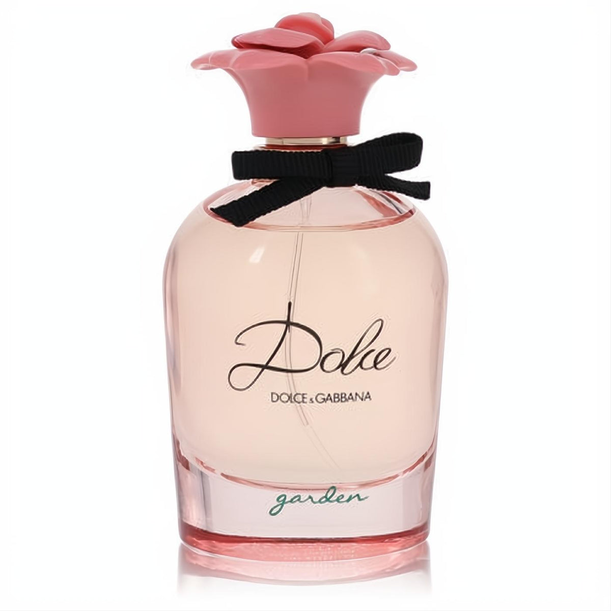 Signature Dolce Garden 2.5 oz women's Eau De Parfum. Elegant glass bottle with a pink floral cap, black ribbon, and soft pink liquid.