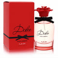 Exquisite Dolce Rose women's EDT. Pink fragrance in a clear bottle with a vibrant red rose cap, black bow, and matching red box.