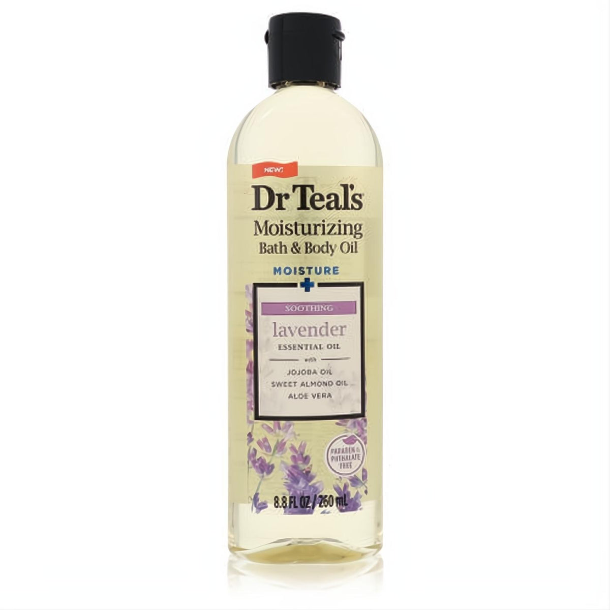 Experience Dr Teal's 8.8 oz lavender essential oil bath & body oil in a clear bottle for soothing hydration.