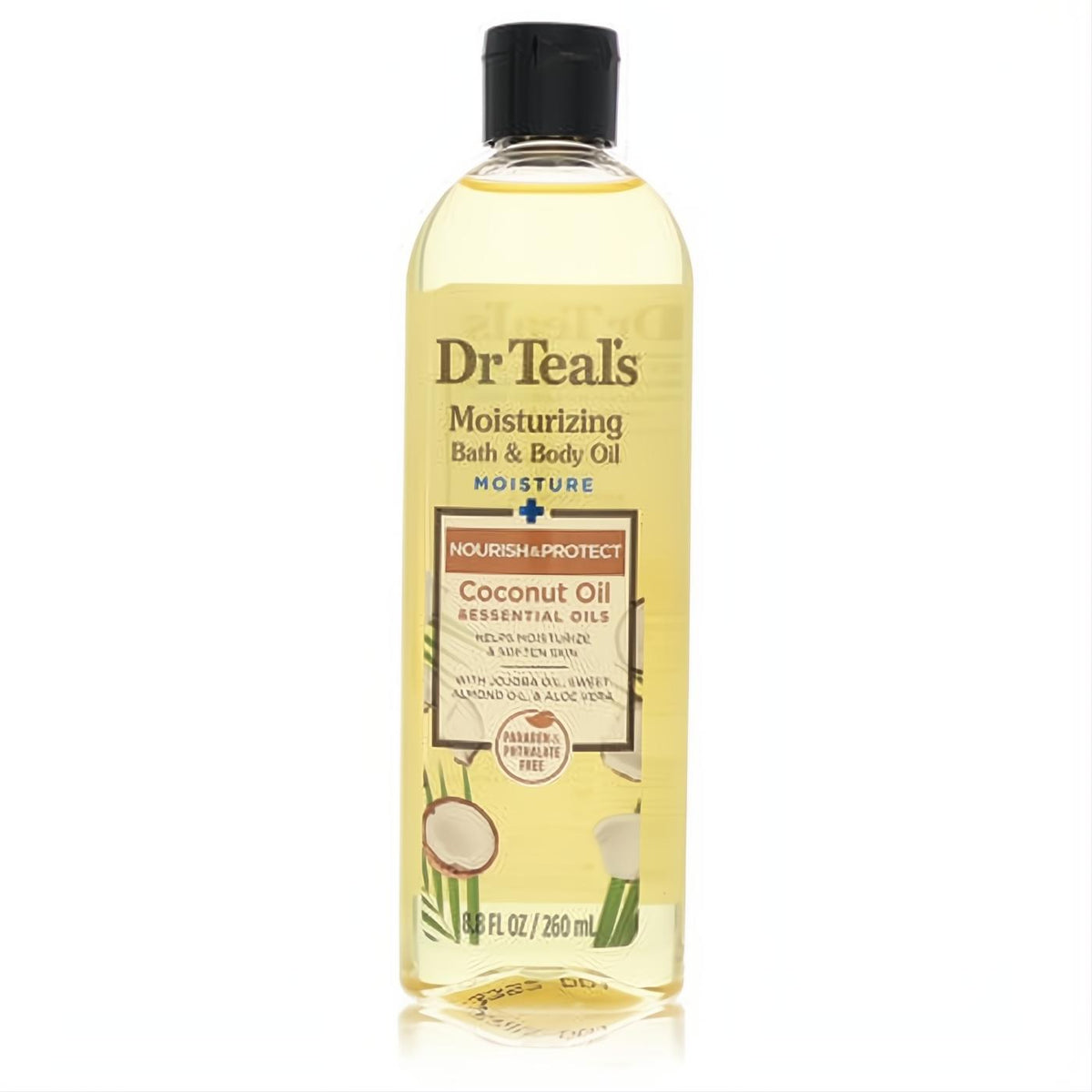 Dr Teal's 8.8 oz moisturizing coconut bath & body oil in clear bottle with black cap.