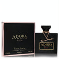 Luxurious Franco Maxim Adora Noir 3.4 oz perfume. Sleek matte black bottle with gold chain, elegant black & rose gold box.