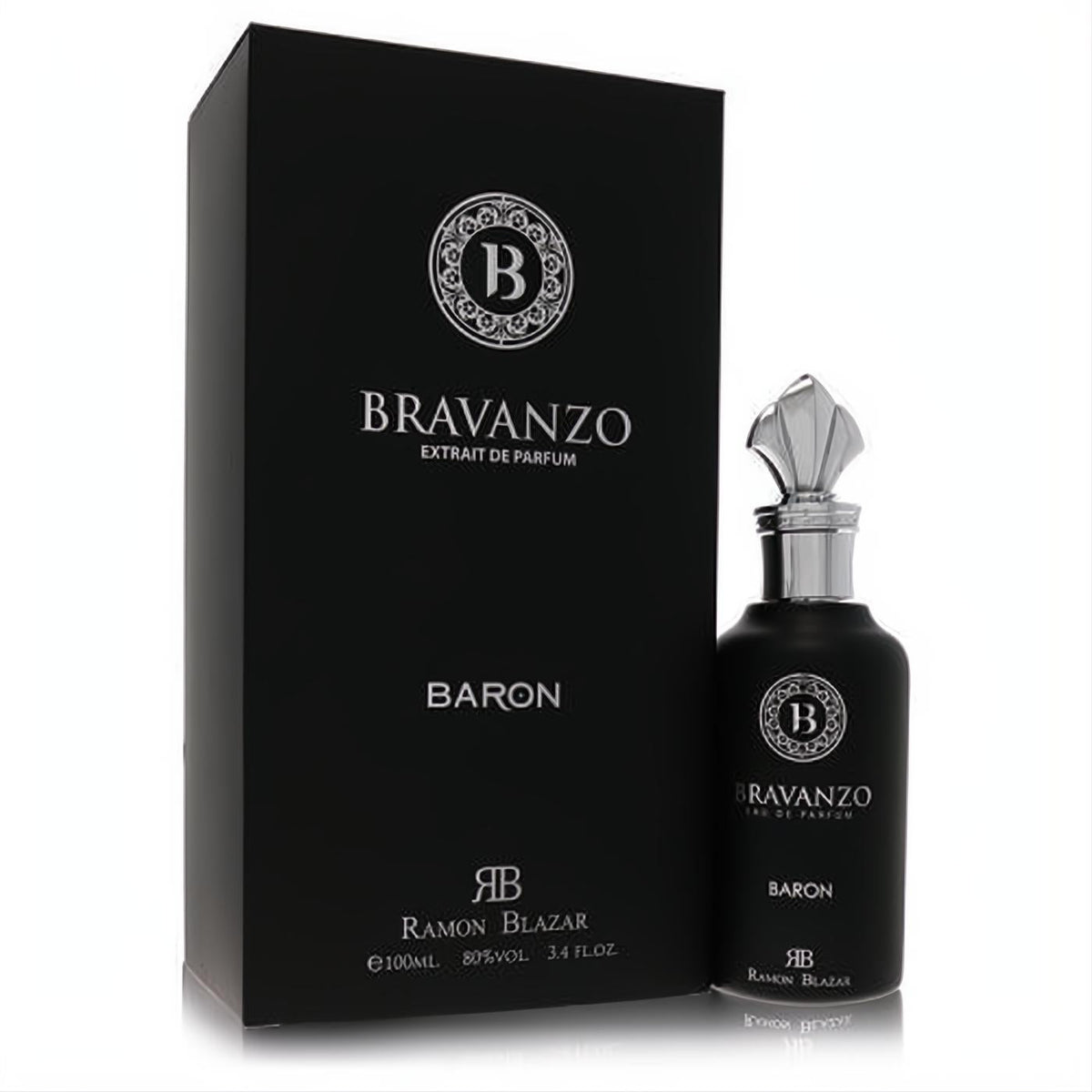 Luxurious Dumont Bravanzo Baron 3.4 oz black extrait de parfum bottle with ornate silver cap and elegant black box.