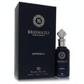 Luxurious Dumont Bravanzo Imperial unisex Extrait De Parfum 3.4 oz. Sleek dark blue bottle, ornate silver cap, and elegant matching box.