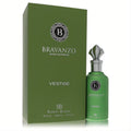 Dumont Bravanzo Vestige unisex extrait de parfum. Luxurious matte green 3.4 oz bottle with ornate silver cap and matching box.