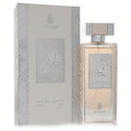Exquisite Dumont Murjan Sodfa 3.4 oz Eau de Parfum. Clear bottle, peach liquid, silver cap, and ornate Arabic design on bottle and matching box.