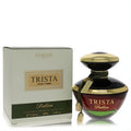 Exquisite Dumont Trista Delice 3.4 oz women's Eau De Parfum. Gold-capped bottle, vibrant green-red gradient, elegant cream box.