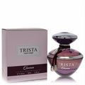 Dumont Trista Queen 3.4 oz EDP. Exquisite purple-pink gradient bottle with a sleek silver cap and decorative cord, alongside its elegant box.
