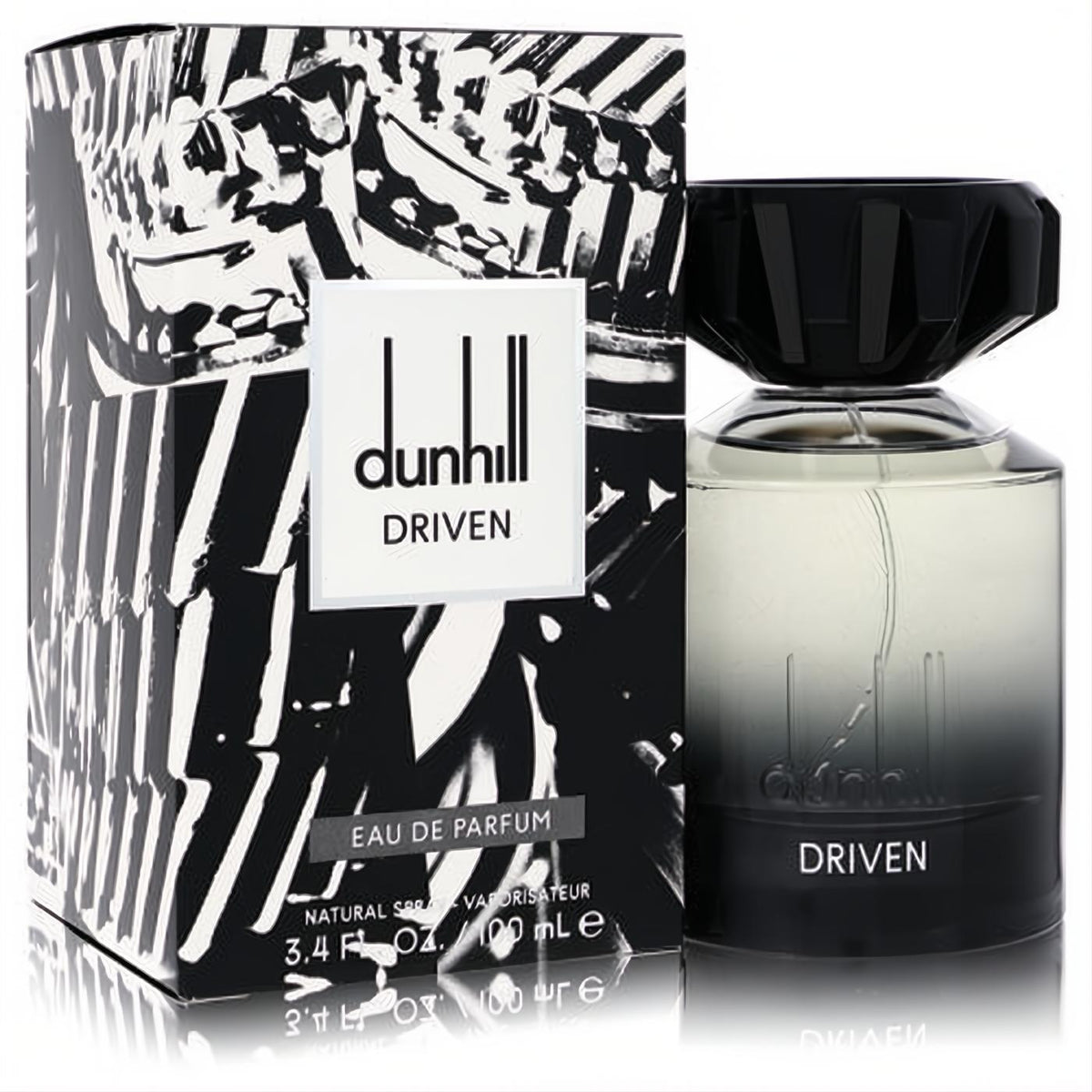 Sophisticated Dunhill Driven Black 3.4 oz EDP bottle with clear base, dark gradient, and bold black faceted cap, beside its striking abstract box.