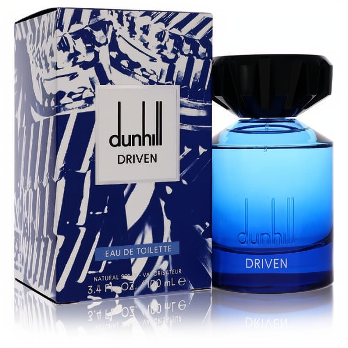 Dunhill Driven Blue 3.4 oz EDT for men. Sleek blue glass bottle with a bold black faceted cap, next to its dynamic abstract art box.