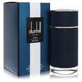 Dunhill Icon Racing Blue 3.4 oz men's EDP. Sleek navy diamond-textured bottle with silver accents and matching elegant box.