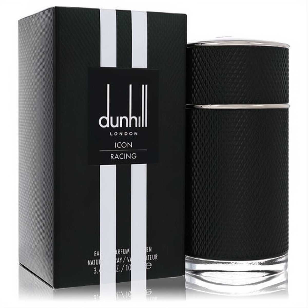 Dunhill Icon Racing men's 3.4 oz EDP: bold black diamond-textured bottle, silver accents, and iconic racing stripe box.