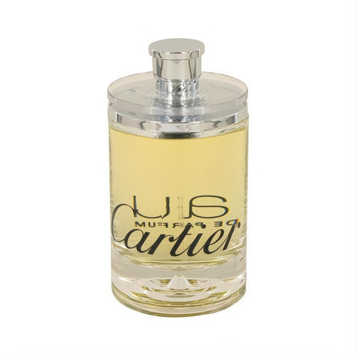 Elevate your scent with Eau De Cartier 3.3 oz unisex Eau De Parfum. Sleek clear bottle, silver cap, crisp yellow liquid.