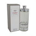Experience Eau de Cartier 6.7 oz unisex EDT. Tall, clear glass bottle with sleek silver cap, next to its minimalist grey box.