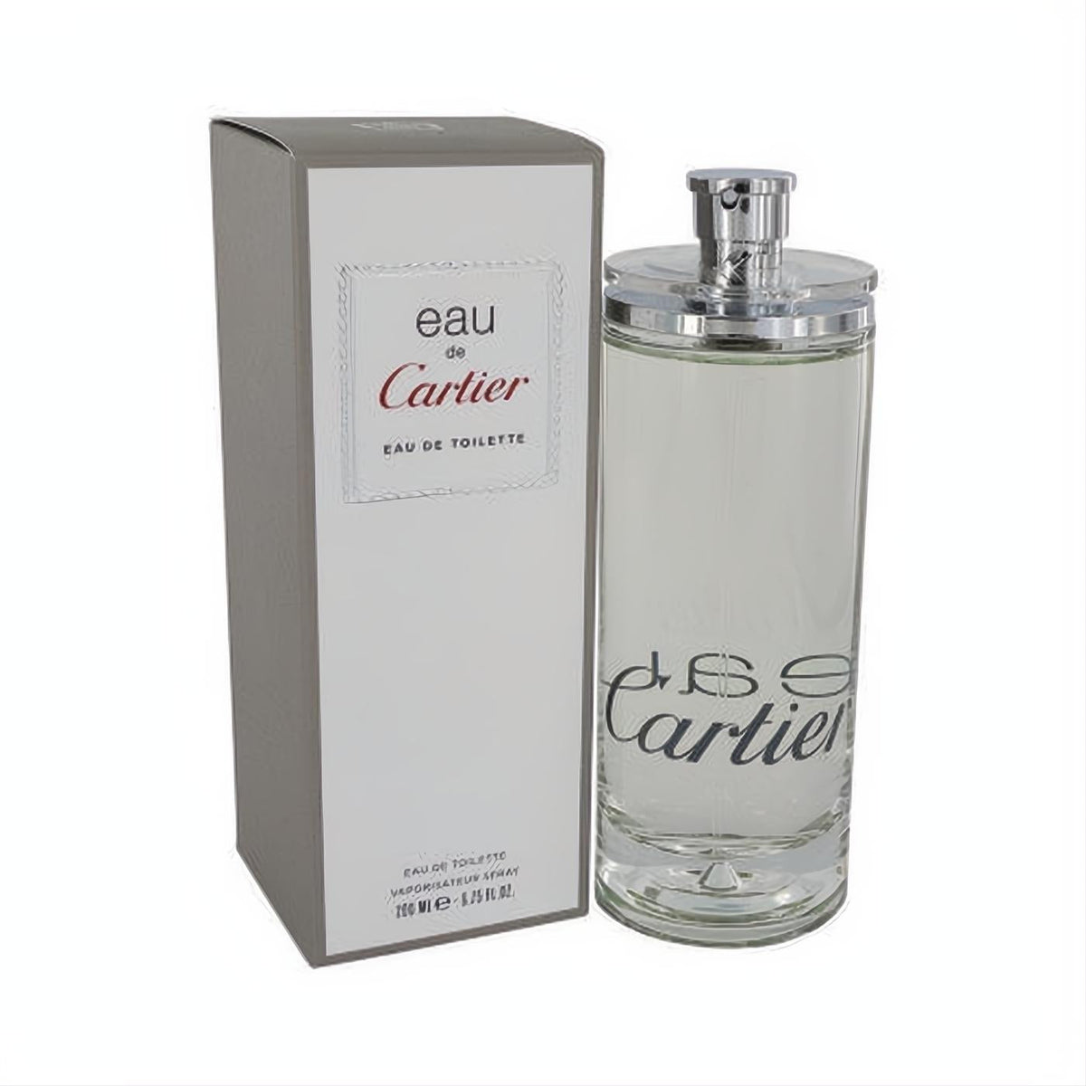 Experience Eau de Cartier 6.7 oz unisex EDT. Tall, clear glass bottle with sleek silver cap, next to its minimalist grey box.