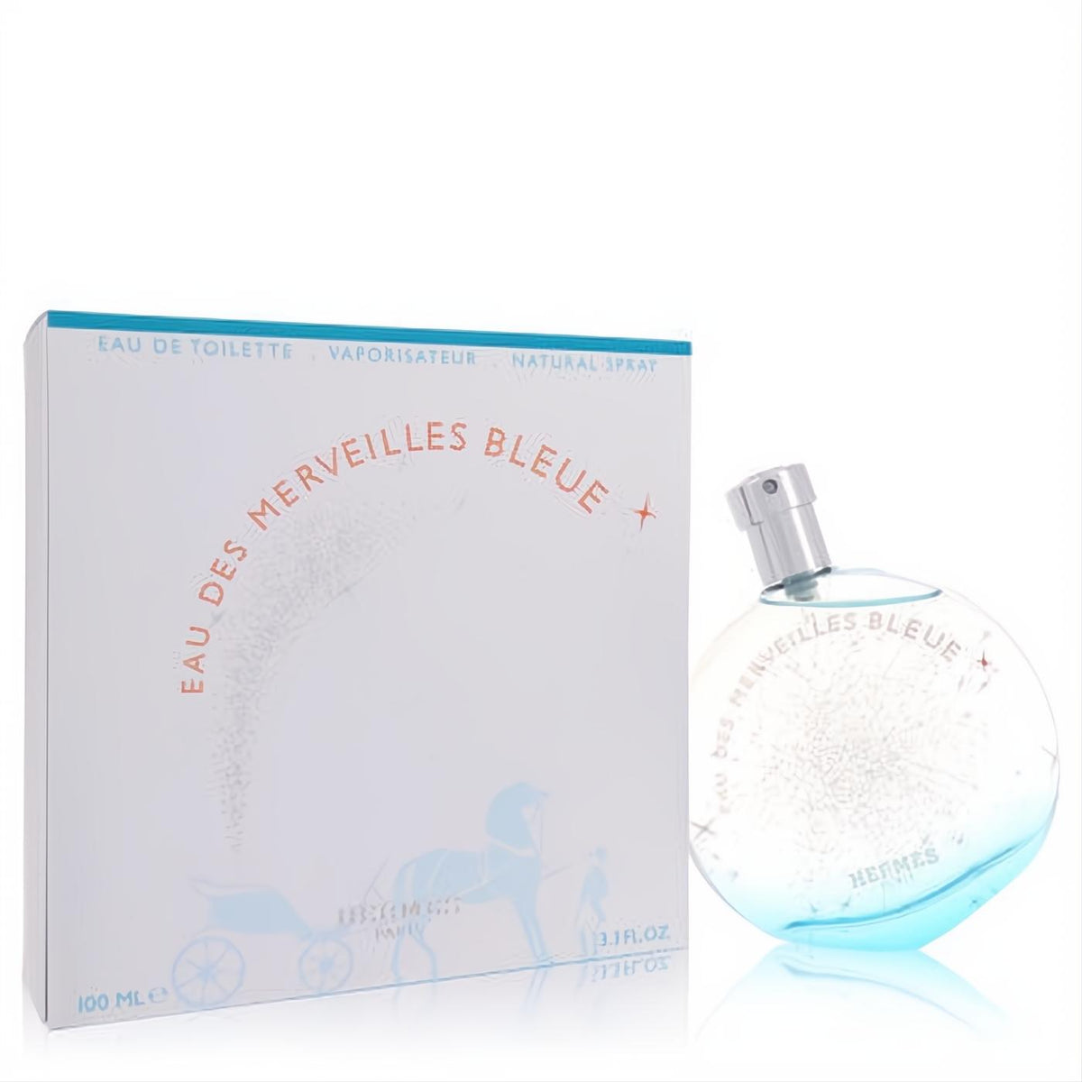 Captivating Hermes Eau des Merveilles Bleue 3.4 oz women's EDT. Features a round blue-tinted bottle with star design and elegant white box.