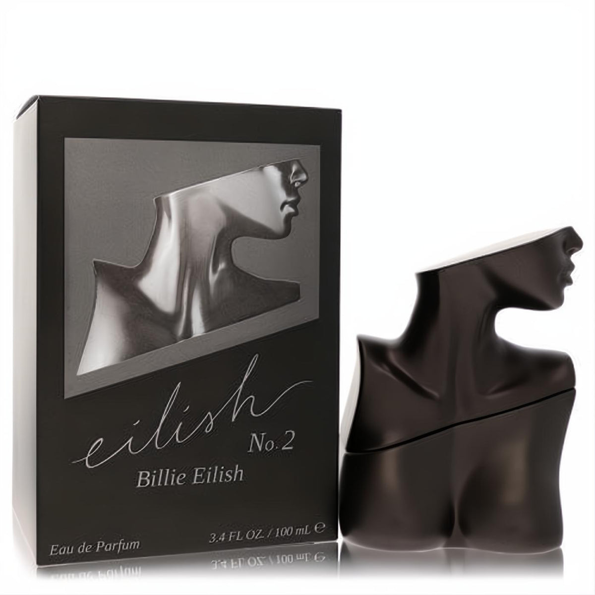 Striking Eilish No. 2 by Billie Eilish 3.4 oz Eau De Parfum. Features a matte black sculptural torso bottle with metallic silver accents.
