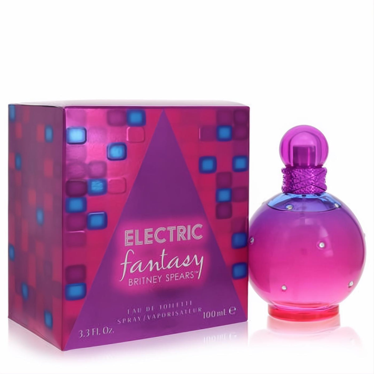 Dazzling Electric Fantasy Britney Spears 3.3 oz Eau De Toilette. Iconic pink-purple spherical bottle with gem accents and vibrant box.