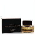 Elegant Linari Eleganza Luminosa 3.4 oz EDP in clear glass bottle with gold pattern, dark wood cap, and sleek black box.