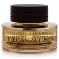 Eleganza Luminosa perfume bottle: clear glass with a radiant gold grid pattern, dark wood cap. A luxurious fragrance statement.