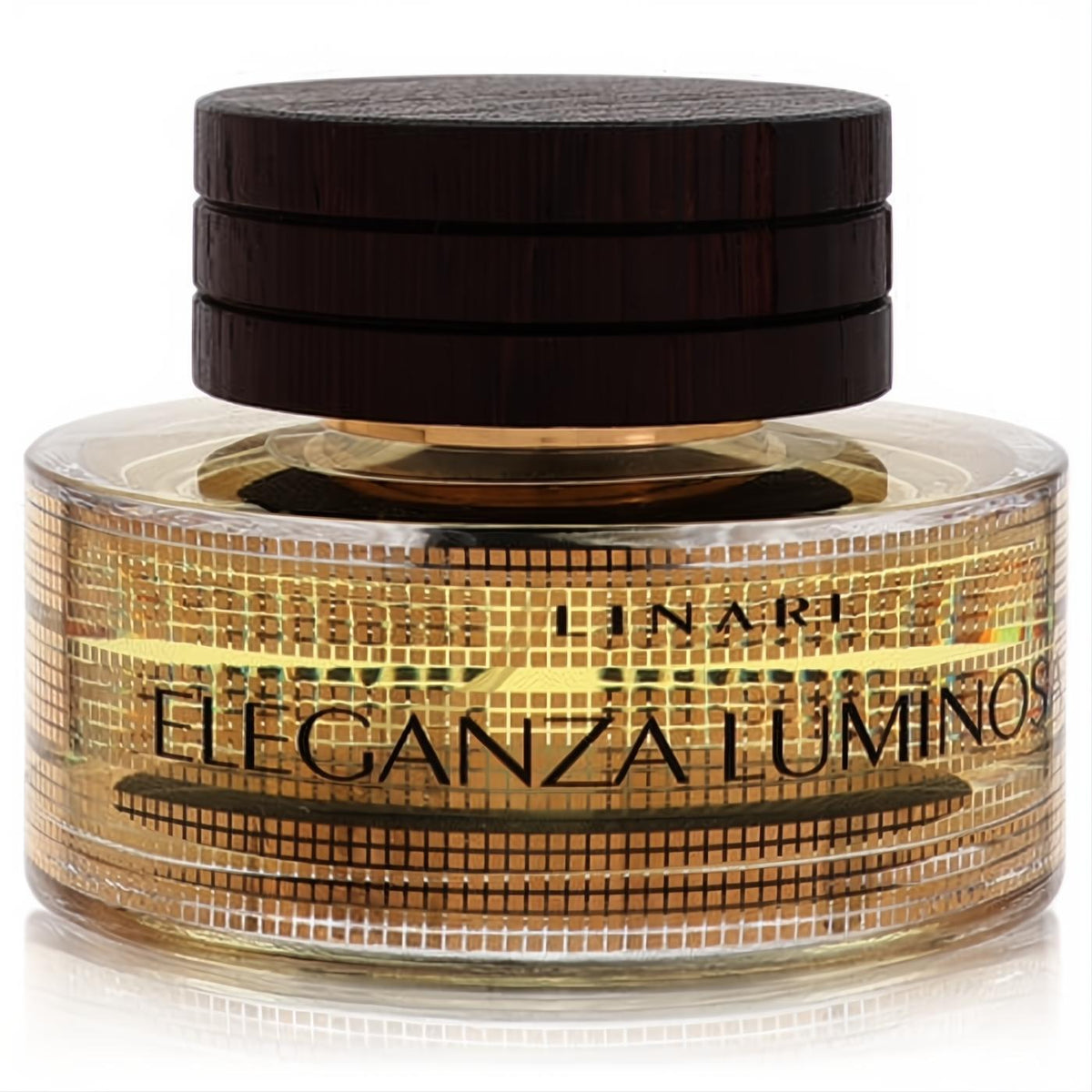 Eleganza Luminosa perfume bottle: clear glass with a radiant gold grid pattern, dark wood cap. A luxurious fragrance statement.