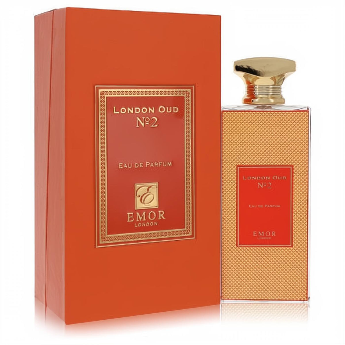 Emor London Oud No. 2 unisex 4.2 oz Eau De Parfum. Elegant red and gold textured bottle, ornate gold cap, and matching premium box.
