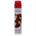 Yardley London English Dahlia 2.6 oz body spray. Elegant white can with a striking red cap and lush red dahlia floral design.