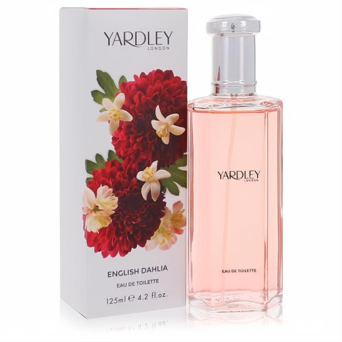 Yardley London English Dahlia 4.2 oz EDT. Clear bottle with delicate pink fragrance, paired with a white box featuring vibrant red dahlia blooms.