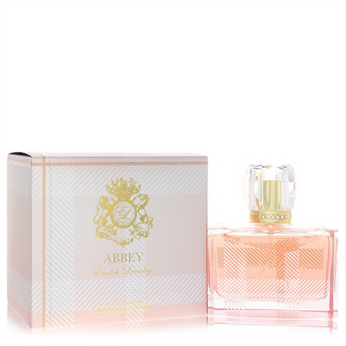 English Laundry Abbey 3.4 oz EDP. Elegant pink glass bottle with signature plaid design, gold cap, and matching pink and white box.