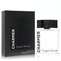 English Laundry Charmer 3.4 oz Eau De Parfum. Elegant clear glass bottle with black cap beside its sophisticated black gift box.