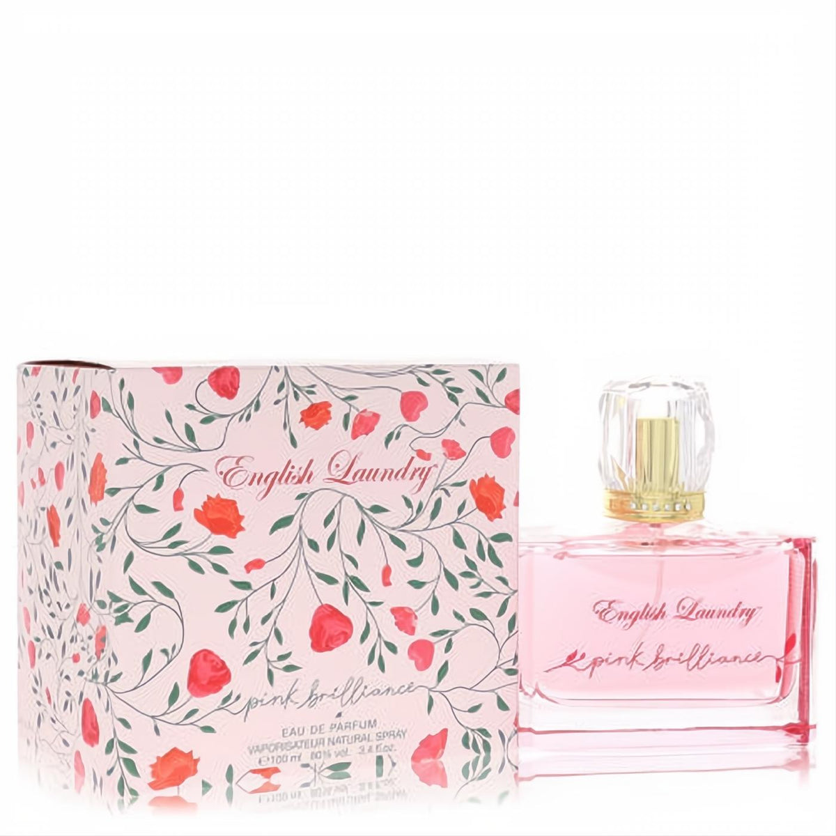 English Laundry Pink Brillance 3.4 oz EDP spray. Elegant pink glass bottle with a faceted cap and a beautiful floral box.