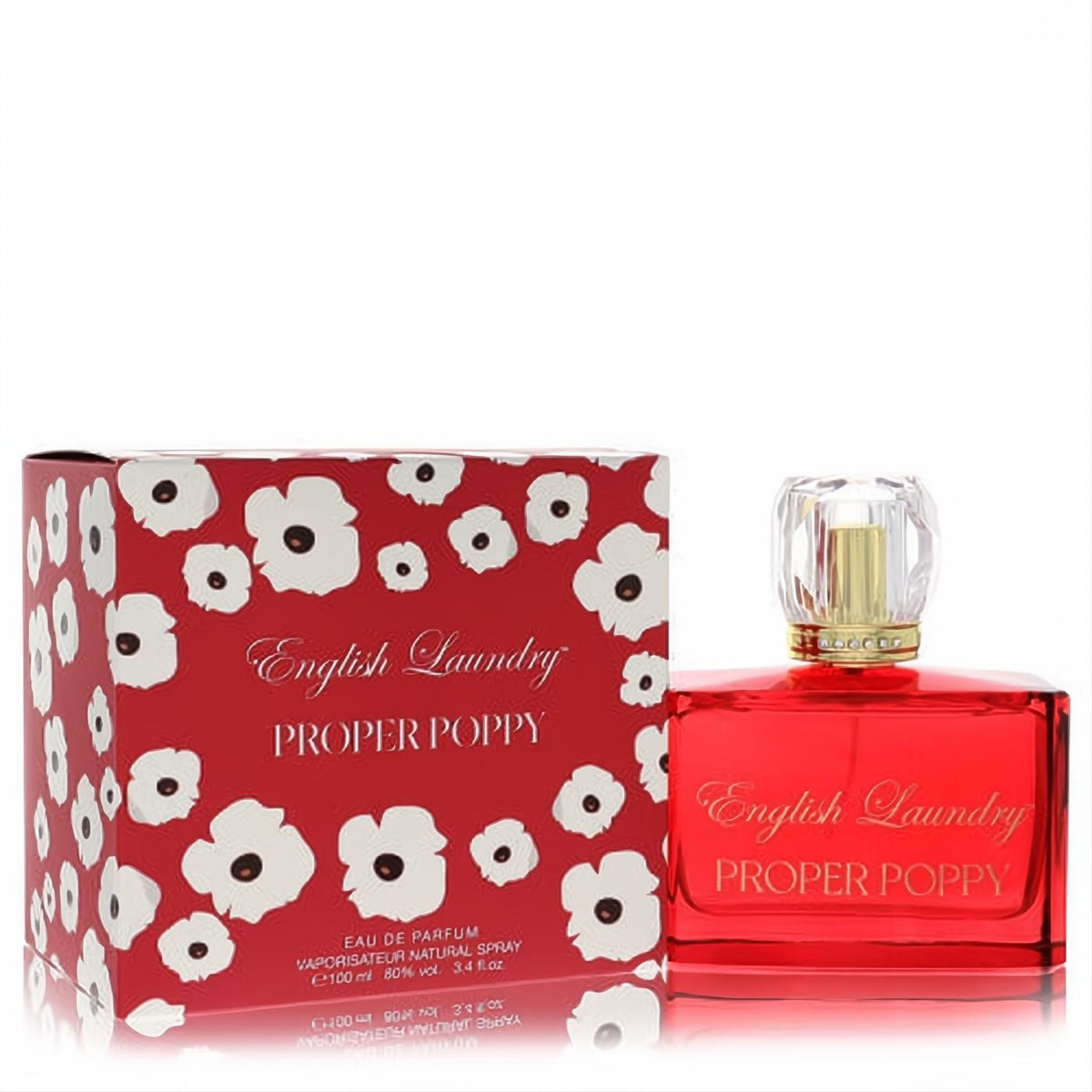 English Laundry Proper Poppy 3.4 oz EDP: vibrant red glass bottle with elegant gold trim, clear cap, and floral box.