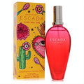 Escada Flor Del Sol 3.3 oz limited edition women's perfume. Bright red bottle, yellow box with vibrant tropical illustrations.