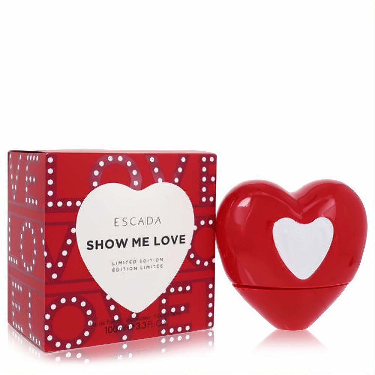 Captivating Escada Show Me Love 3.3 oz women's EDP. Vibrant red heart bottle & matching limited edition box.