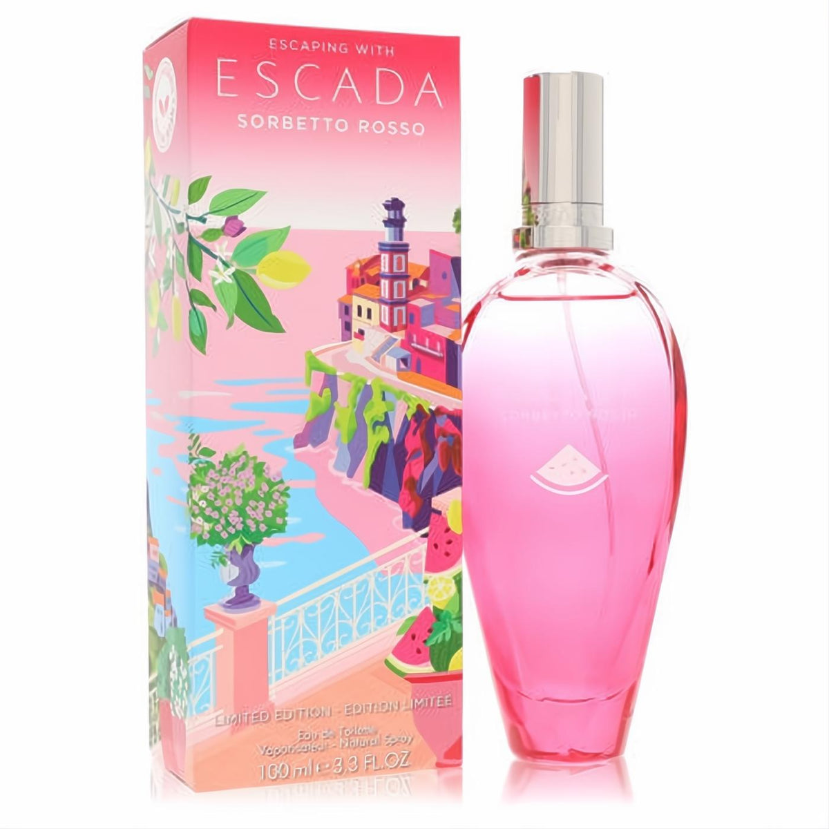 Limited edition Escada Sorbetto Rosso 3.3 oz EDT: vibrant pink bottle, silver cap, and colorful coastal-themed box.