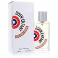 Elegant Divin Enfant 3.4 oz Eau de Parfum spray. Clear glass bottle with silver cap and white box, featuring a bold red, white, and blue logo.