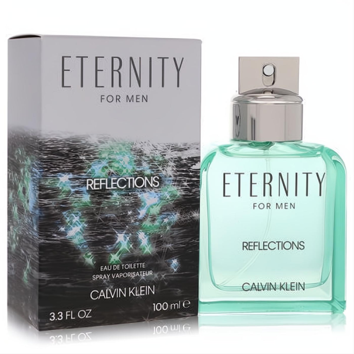 Calvin Klein Eternity Reflections for Men 100ml EDT. Captivating teal glass bottle with a sleek silver cap, next to its shimmering dark box.