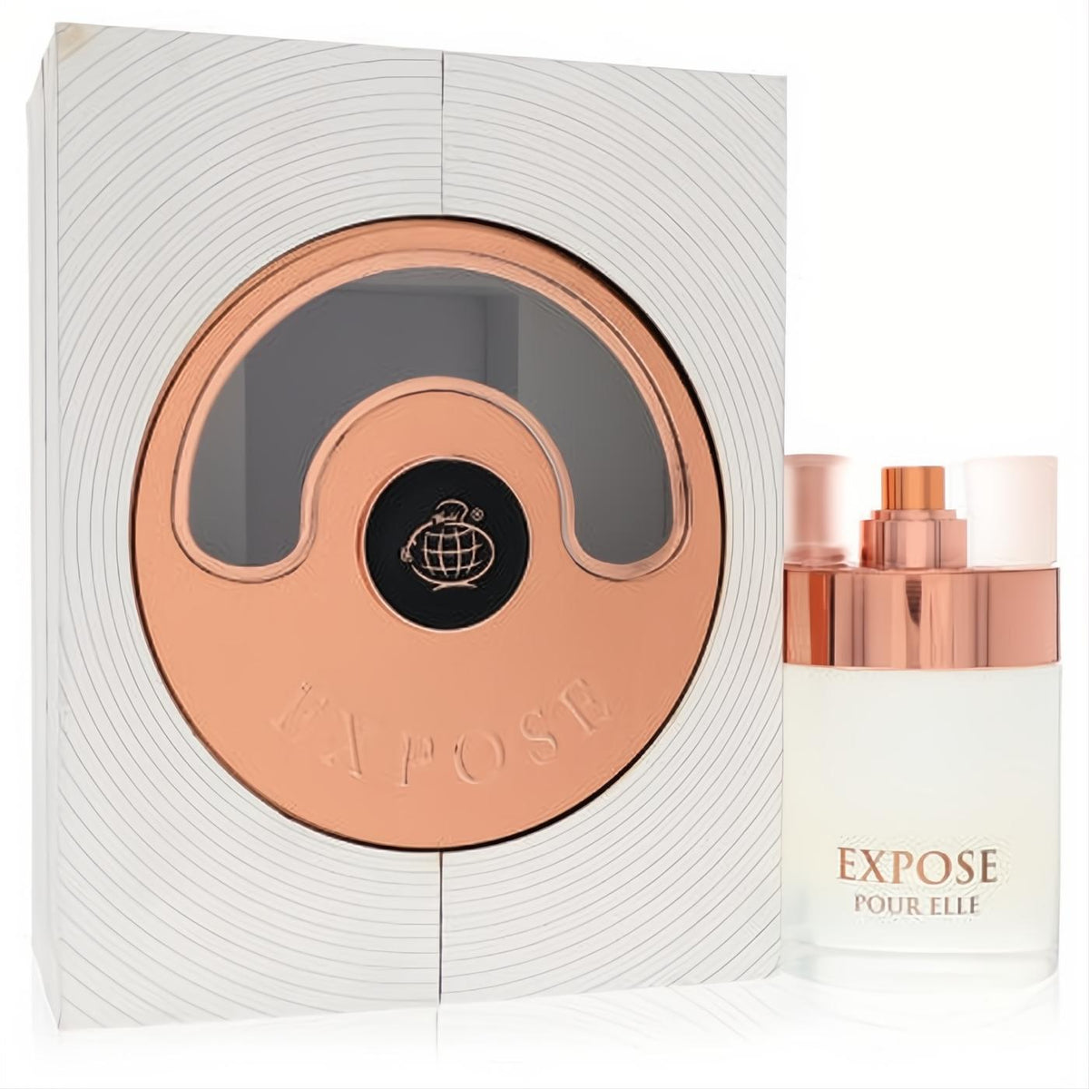 Expose Pour Elle 2.7 oz EDP. Elegant frosted white bottle with a striking rose gold cap, showcased with its sophisticated white box.