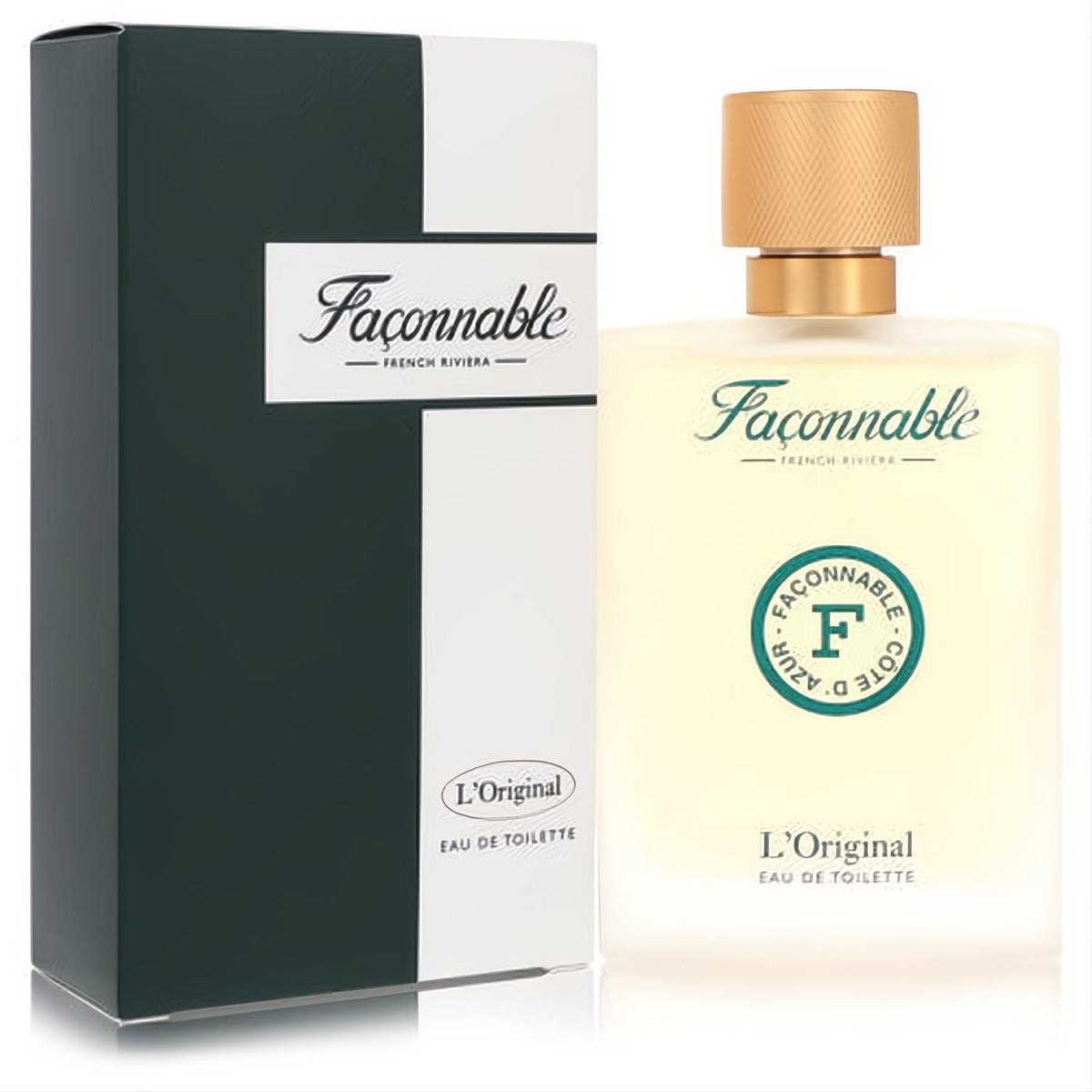 Elegant Faconnable L'Original 3 oz Eau De Toilette for men in a frosted glass bottle with a gold cap and matching dark green box.