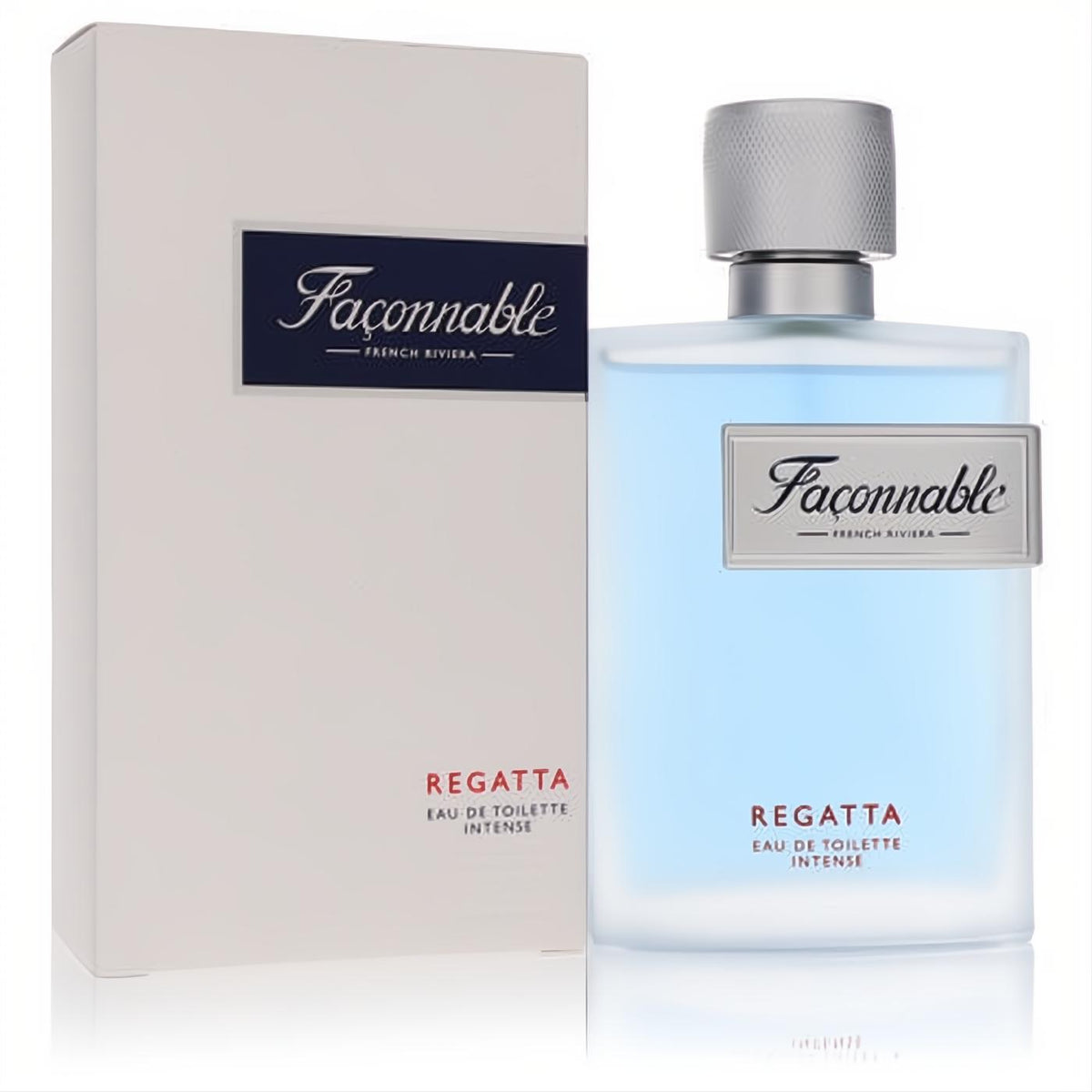 Faconnable Regatta 3 oz EDT Intense for men. Frosted blue bottle with sleek silver cap and metallic label, displayed with its white box.
