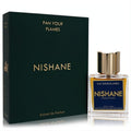 Experience Nishane Fan Your Flames 1.7 oz Extrait de Parfum. Dark green box, elegant clear glass bottle with amber liquid and gold cap.