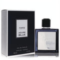 Fariis Azure Blue 3.4 oz men's Eau de Parfum. Sophisticated dark blue glass bottle with sleek silver label, black cap, and matching box.